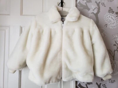 Vintage Weather Tamer White Faux Fur Girls Bomber Jacket Coat Sz 7 Zip Drawstrng - Image 1 of 4
