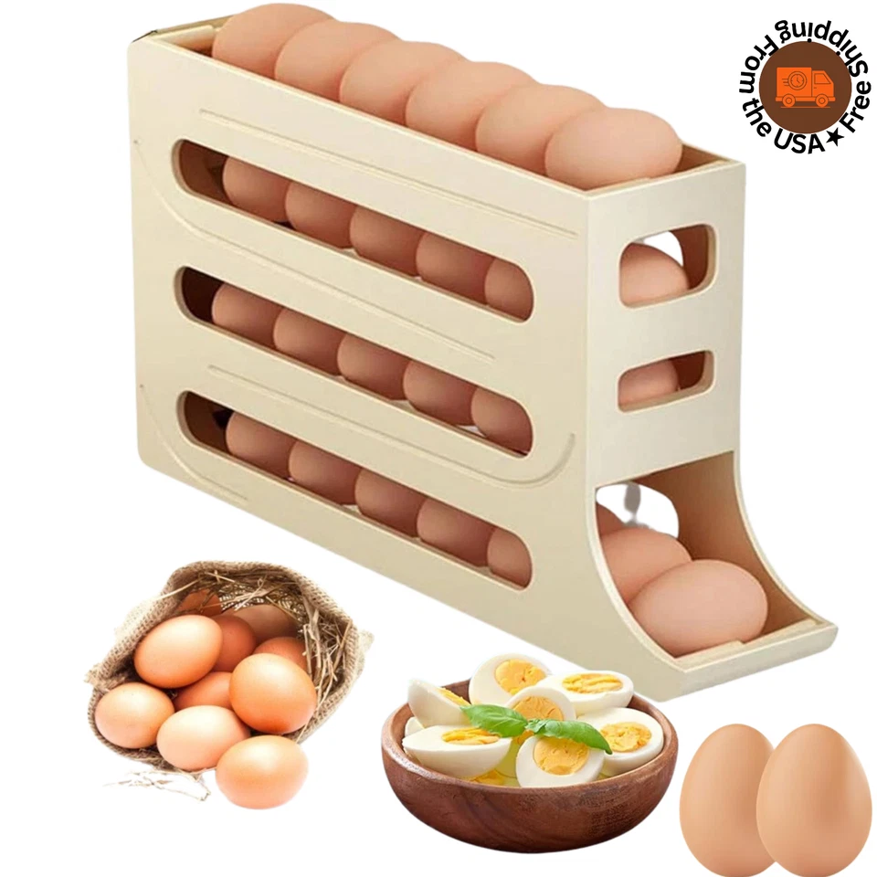 NEU Auto Rollen Eier Halter Aufbewahrung Regal 4 Ebenen Rolle Kühlschrank Eierspender - Bild 1 von 1