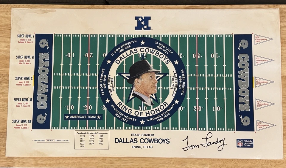 Litografía de fútbol americano NFL Tom Landry firmada automáticamente por Dallas Cowboys 30" por 16,5" 1989 Foto 1 de 4