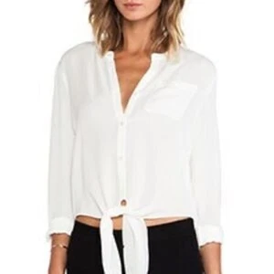 Theory Petite P Silk Tie Front Crop Blouse Cream Button Up Long Sleeves - Picture 1 of 9