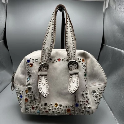 Maxx New York Studded Bejeweled Faux Leather Satchel Silver Zip Top  HandBag GC - Image 1 of 4