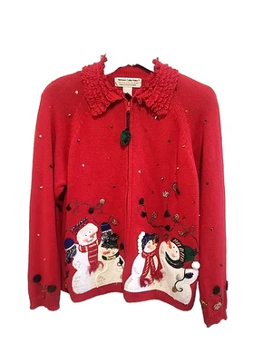 Cardigã vintage 2004 feio Natal suéter tamanho M vermelho com zíper bonecos de neve lantejoulas - Imagem 1 de 4