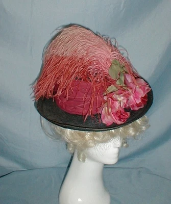 Elegant Antique Hat Victorian 1890 Black Straw Feather and Floral Trims - Image 1 of 4