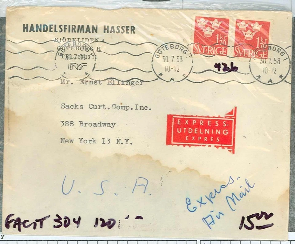 Suecia #426 Gotemburgo Cubierta, Daños por Agua, Correo Aéreo Express Foto 1 de 1