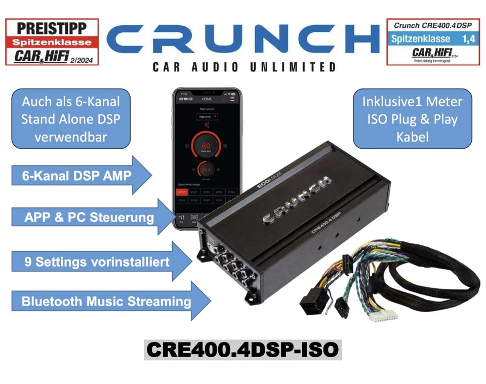 Crunch CRE400.4DSP-ISO 4-Kanal Verstärker mit 6-Kanal DSP ISO Plug & Play