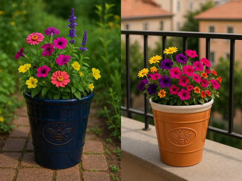 Decorative Bee Embossed Plant Pot 23 cm Ceramic look Indoor Outdoor Garden - Image 1 of 1