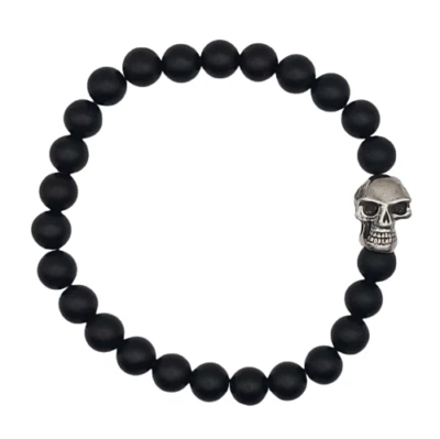 Vintage Erwin Pearl Lucky Skull Stretch Bracelet-9" -Black Onyx & Sterling -NIB! - Image 1 of 4