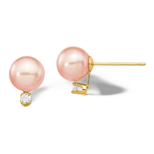 14K Solid Yellow Gold 6mm Pink Round Freshwater Cultured Pearl Diamond Stud ... - Picture 1 of 4