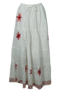 Boho Women's Cotton Skirt White Red Floral Embroidered Casual Drawstring Skirts