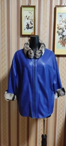 Doppelseitige Echtleder Jacke mit Rex-Kaninshenfell, Gr.44, Blau - Bild 1 von 9