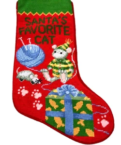 Medias C&F Enterprises Hechas a Mano Punta de Aguja SANTA'S FAVORITE CAT Terciopelo Nuevas con Etiquetas - Imagen 1 de 7