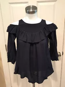 Maeve Anthropologie Navy Blue Cold Shoulder Ruffle Blouse, Size 0 US 4 UK - Picture 1 of 10
