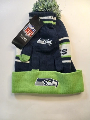 NWT NFL Seattle Seahawks Cuffed Knit Pom Hat & Gloves Set OS Navy/Green MSRP$50 Cover