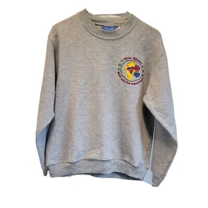 Disney Winnie Pooh 90s Kids Large Grey Embroidered Crewneck Sweatshirt Hiking - Picture 1 of 6