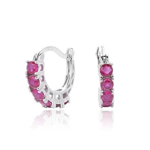 925 Sterling Silver 3mm Ruby 5/8''Earrings Gemstone White Gold-Plated - Picture 1 of 4