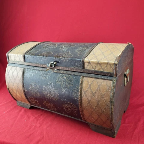 Large Vintage Wood & Leather Dome Lid Trunk Chest Cover