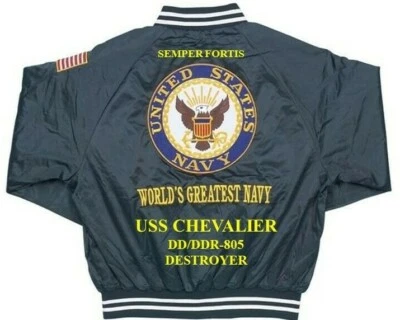 JAQUETA DE CETIM BORDADA USS CHEVALIER DD/DDR-805 DESTRUYER (SOMENTE COSTAS) - Imagem 1 de 4