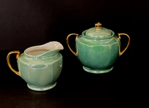Vintage Beautiful Lusterware green cream sugar set lid gold trim Japan Elegant - Picture 1 of 15