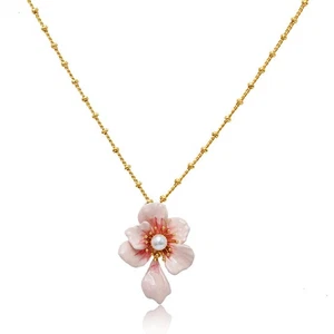 Cherry Blossom Pendant Necklace for Women Handmade Enamel Pink Flower Pearl N... - Foto 1 di 9