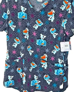 Disney’s Frozen Olaf Winter Snowflake Women's Scrub Top  Size Medium Christmas - Picture 1 of 14