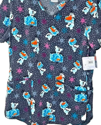 Disney’s Frozen Olaf Winter Snowflake Women's Scrub Top  Size Medium Christmas - Image 1 of 4