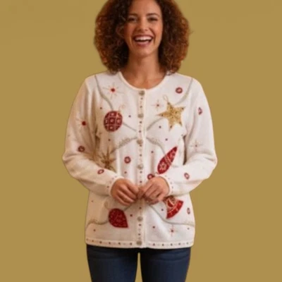 Cárdigan Vintage Años 90 KIKIT Navidad Suéter Crema Adornado Adornos Talla S Foto 1 de 4