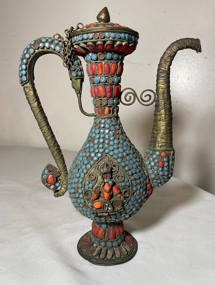 antique early 19th century handmade Tibetan coral turquoise bronze pitcher pot - Image 1 of 4