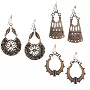 Set of 3 Pair Boho Copper Vintage Statement Earrings, Rose Gold Ear Wires - Picture 1 of 18