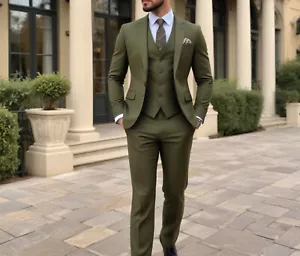 Herren olivgrün 3-teiliger Anzug schmale Passform mit einem Knopf elegant Hochzeit Bräutigam Anzug - Bild 1 von 6