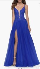 La Femme Floral Illusion Plunge Tulle Lace A-Line  Gown Dress In Royal Blue Sz 8