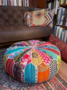 Großer Pouffe rund mehrfarbig Patchwork Kantha Kissen Stil Fußhocker Sitz - Bild 1 von 17