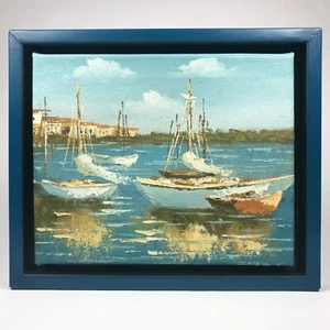 Original Oil Painting Fishing Boats Moored Sailboat Impasto Mediterranean Marine - Picture 1 of 7