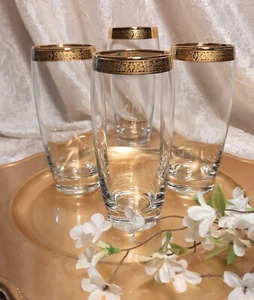 4 Circleware Tapered Highball Glasses w/ Broad Gold Scrollwork Rim Trim SET - Picture 1 of 6