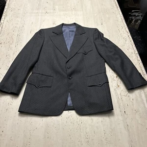 Mens Vintage Herringbone Coat Jacket 42 Short Grey Black Pure Virgin Wool Savile - Picture 1 of 10