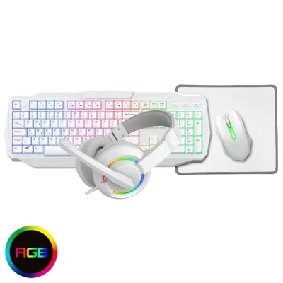 CIT Scorpion White Gaming 4-in-1 Keyboard Mouse Headset Pad Set Rainbow LED USB - Image 1 of 4