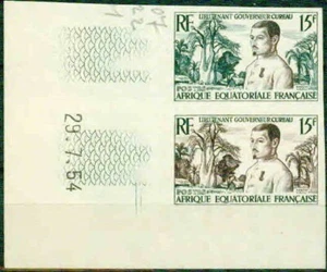 F.E.A.-1954-LT GOV. CUREAU-LL DATED CORNER IMP. 2 COLOUR. PROOF  PAIR-VF** - Picture 1 of 1