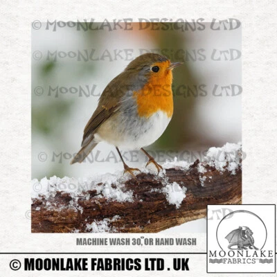 MOONLAKE FABRICS Robin On Ice Branch Fabric Craft Panels in 100% Cotton or Polyester