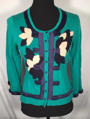 Anthropologie Field Flower Green Remaining Lilies Cardigan Light Sweater M EUC - Imagem 1 de 4