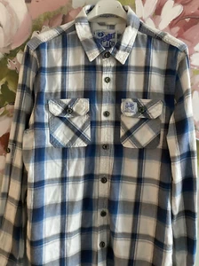 Superdry Button Up Shirt Mens Large Classic Blue Plaid Check Flannel L/Sleeve - Picture 1 of 20