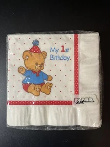 Vintage Papierkunst Servietten Bär mit Partyhut Mein 1. Geburtstag Happy Birthday Neu aus altem Lagerbestand - Bild 1 von 2