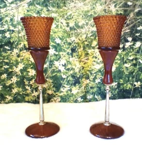 VINTAGE MCM CALIFORNIA RED WOOD CANDLE HOLDERS AMBER GLASS VOTIVE SET OF 2 MCM - Picture 1 of 11