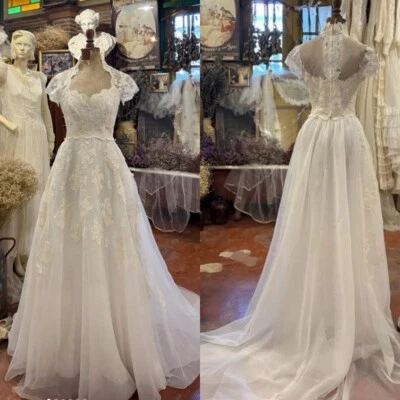 Vintage Wedding Dresses 1970s Short Sleeves Victorian A Line Lace Bridal Gowns - Image 1 of 4