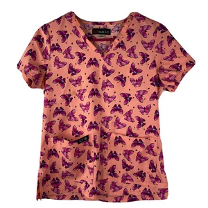 Koi Basics Scrub Top Womens XS Pink Butterfly Print Polyester Medical Stretch - Picture 1 of 6