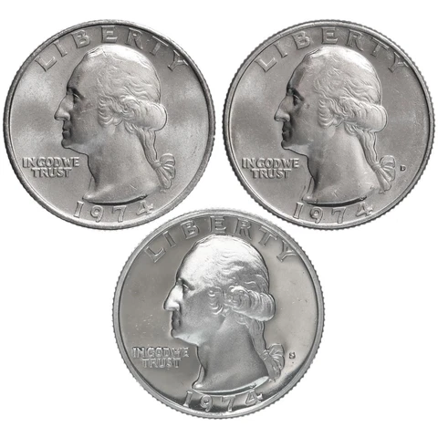 1974 P D S Washington Quarter Year Set Proof & BU US 3 Coin Lot Cover