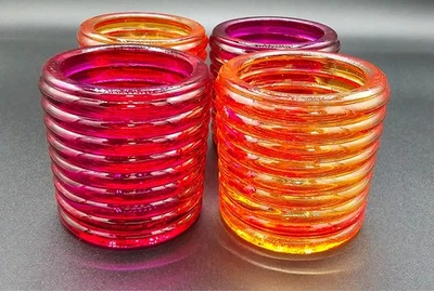 4 × Ribbed Glass Votive Tea-Light Holders Pink Orange Decorative Cups - Image 1 of 4