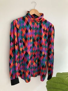 Vintage 1980s Bright Diamond Pattern Plolyster Button Women’s Blouse Size 14 - Picture 1 of 9