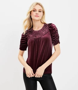 LOFT Velvet Top Ruched Sleeve Blouse Keyhole Back Burgundy Size S - Picture 1 of 4