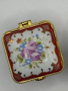 Vintage Pair Porcelain Trinket Boxes – Square Floral Red & Gold Hinged Mini Boxe - Picture 1 of 14