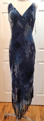 Anthropologie Muse Blue Indigo Burnt Velvet Silk Rayon Fringe Dress Size: 6 NWT - Image 1 of 4