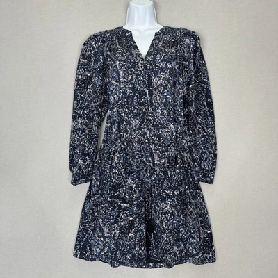 Vestido Rebecca Taylor 100 % seda para mujer 2 azul estampado borla ceñida manga abullonada Foto 1 de 4